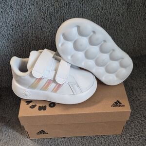 Adidas Kids White Sneakers with Pastel Stripes